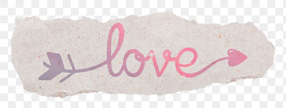 PNG love word, pastel pink calligraphy, torn paper in transparent background
