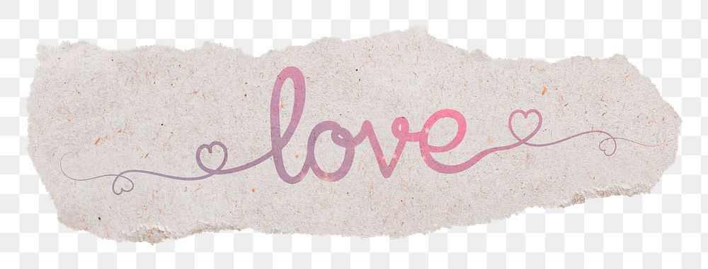 PNG love word, pastel pink calligraphy, ripped paper in transparent background