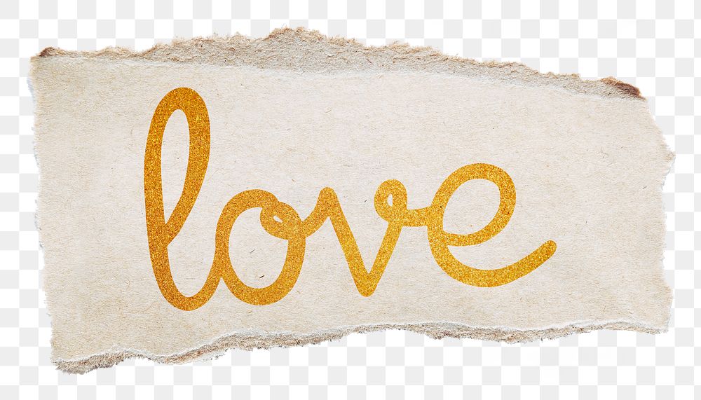 PNG love word, gold glittery calligraphy on ripped paper, transparent background