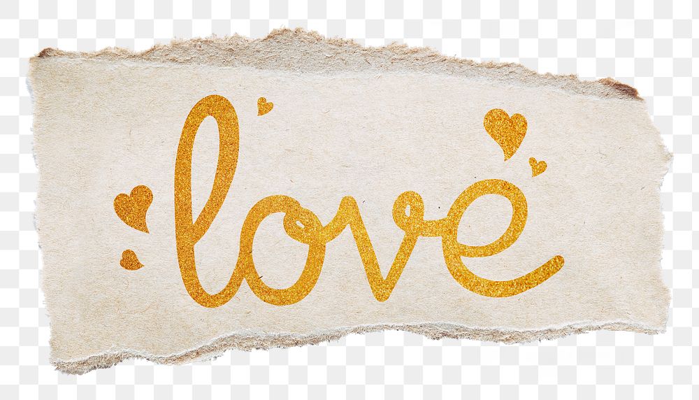 Love word png, gold glittery calligraphy on ripped paper, transparent background