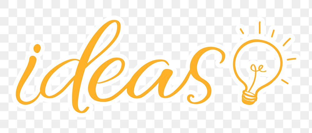 Ideas word png, yellow calligraphy with white border in transparent background