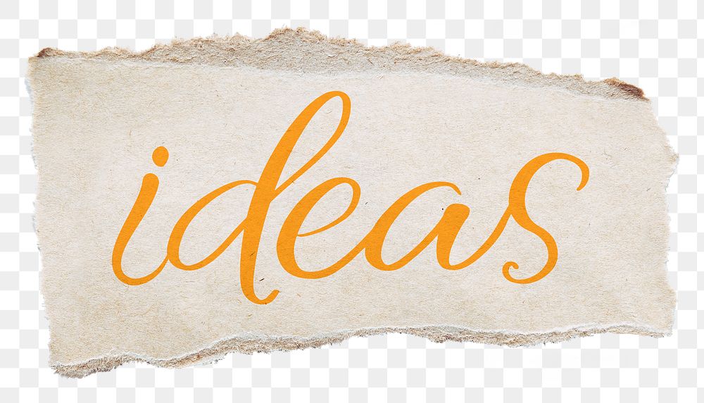 Ideas word, yellow calligraphy on ripped paper, transparent background