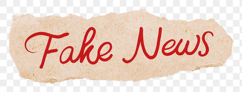 Fake news png, red calligraphy on torn paper, transparent background