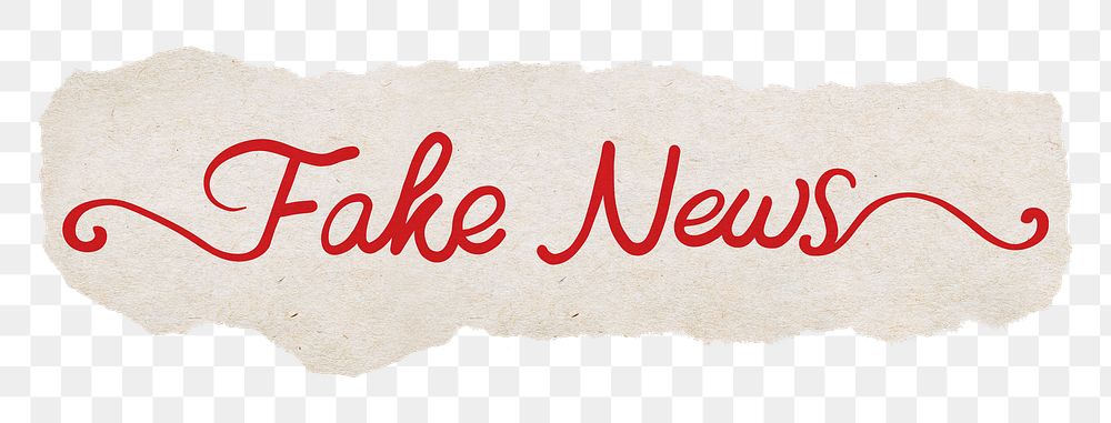 Fake news png, red calligraphy on torn paper, transparent background