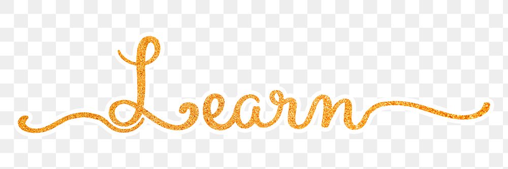 Learn png word, gold glittery calligraphy, digital sticker with white outline in transparent background
