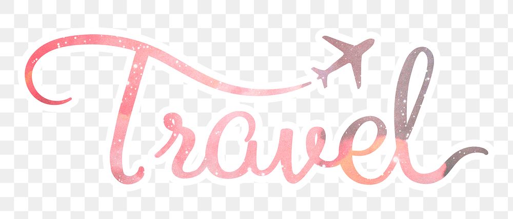 PNG travel word sticker, pastel pink calligraphy text in transparent background