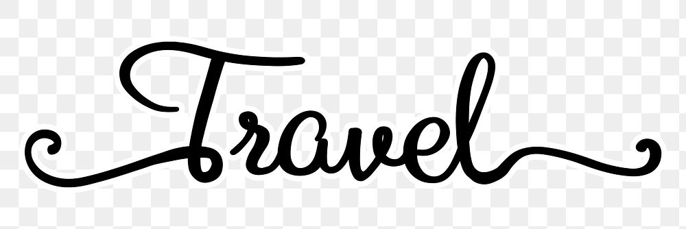 Travel png word, minimal black calligraphy, digital sticker with white outline in transparent background