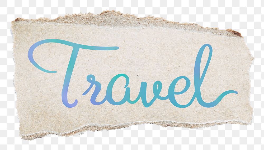 Travel word png, blue calligraphy text, ripped paper in transparent background