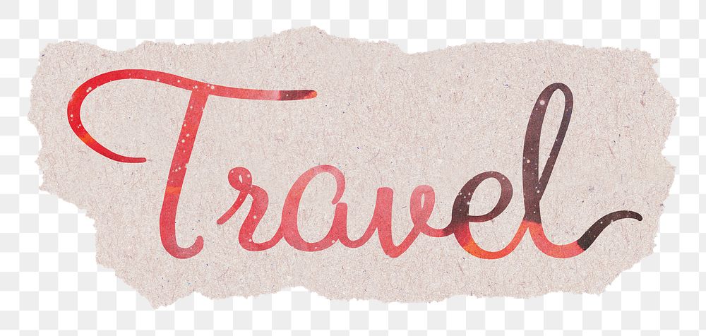 Travel png word, ripped paper sticker, pastel red calligraphy in transparent background