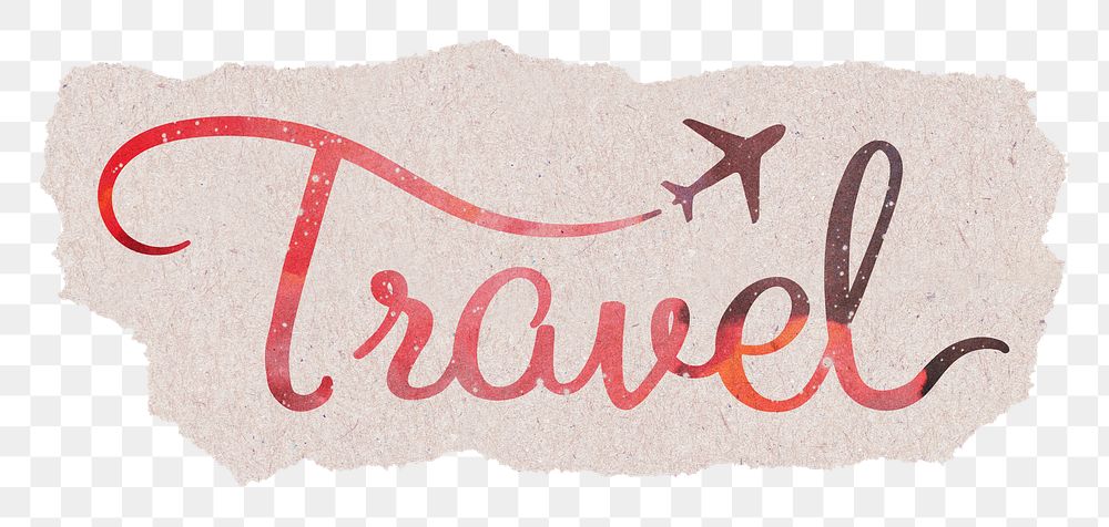 Travel png word, pastel red calligraphy, ripped paper sticker in transparent background