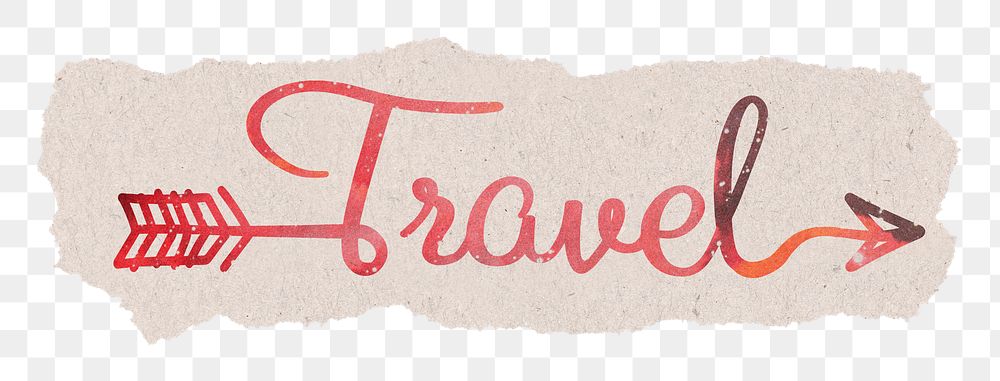 Travel png word, ripped paper sticker, pastel red calligraphy in transparent background
