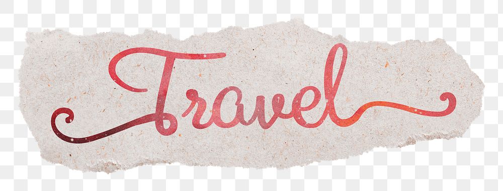 Travel png word, pastel red calligraphy, ripped paper sticker in transparent background
