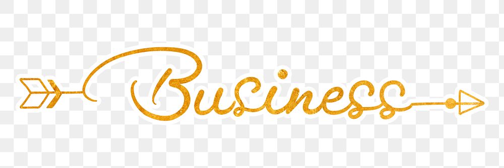 Business word png, gold glittery calligraphy, digital sticker with white outline in transparent background