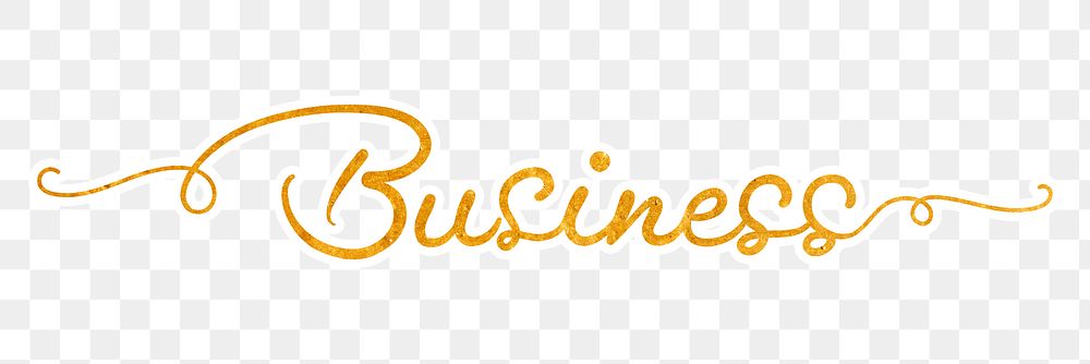 PNG business word, gold glittery calligraphy, digital sticker with white outline in transparent background