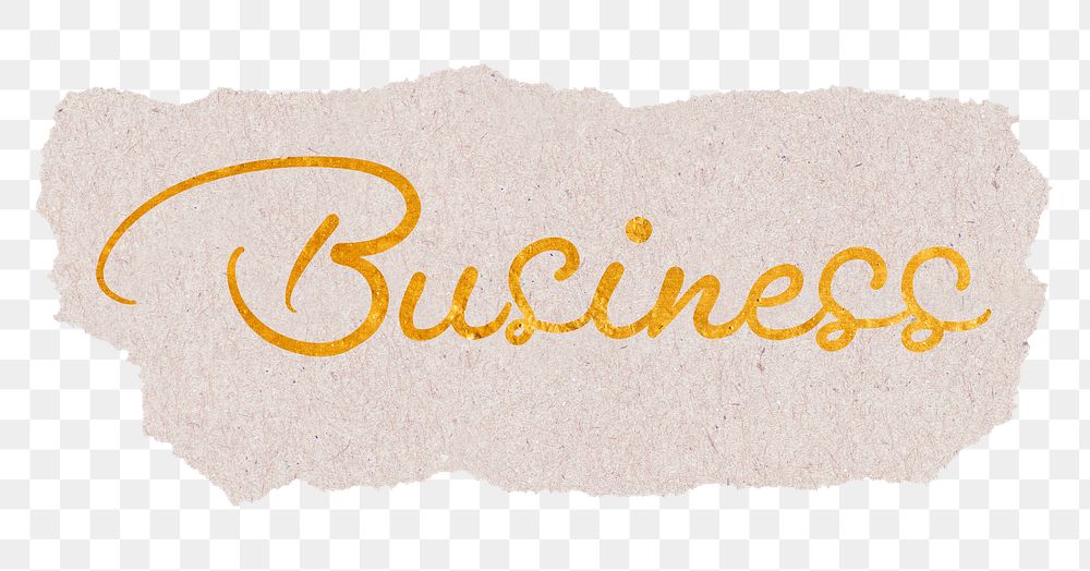 Business word png, gold glittery calligraphy on ripped paper, transparent background