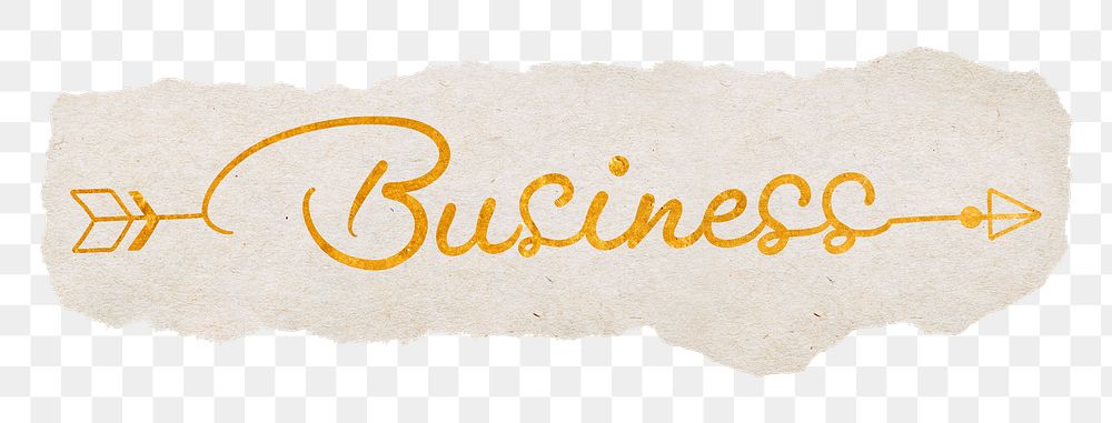 Business word png, gold glittery calligraphy on ripped paper, transparent background