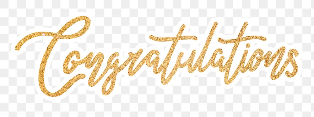 Congratulations png word, gold glittery calligraphy, digital sticker with white outline in transparent background