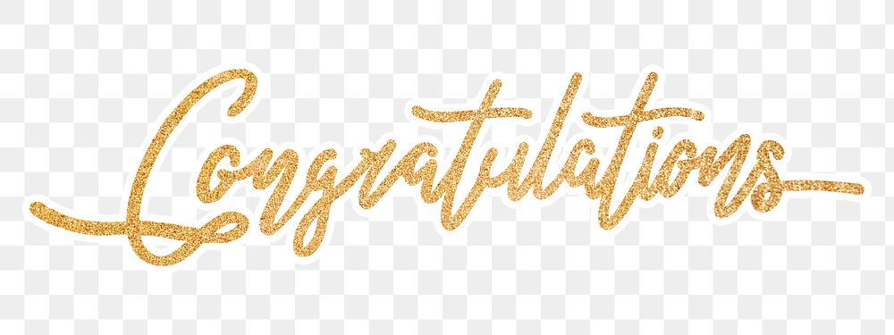 Congratulations png word, gold glittery calligraphy, digital sticker with white outline in transparent background