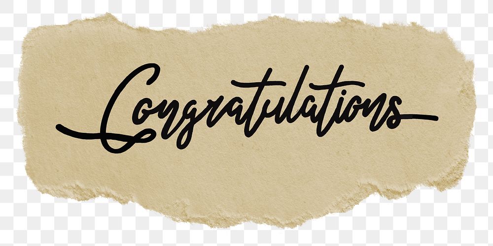 Congratulations word png, black calligraphy on torn paper, transparent background