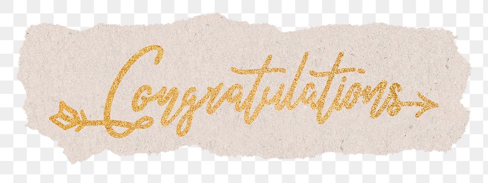 Congratulations word png, gold glittery calligraphy on torn paper, transparent background