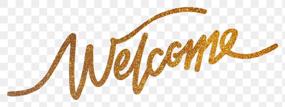 Welcome png word, gold glittery calligraphy digital sticker in transparent background