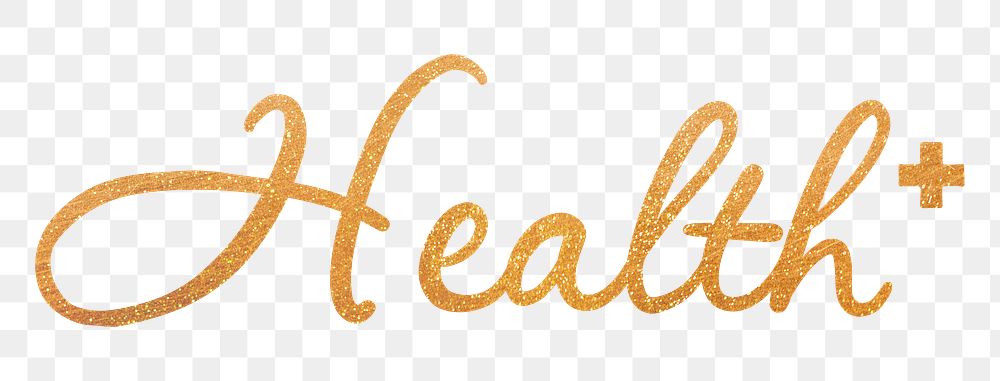 Health png word, gold glittery calligraphy digital sticker in transparent background