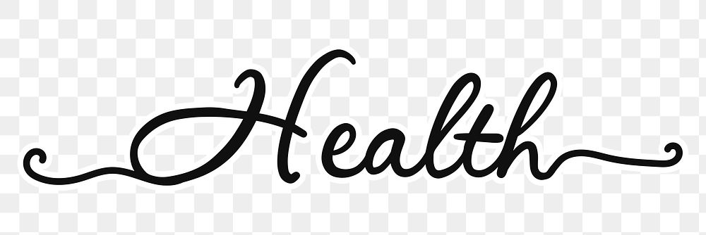 PNG health, minimal black calligraphy, digital sticker with white outline in transparent background