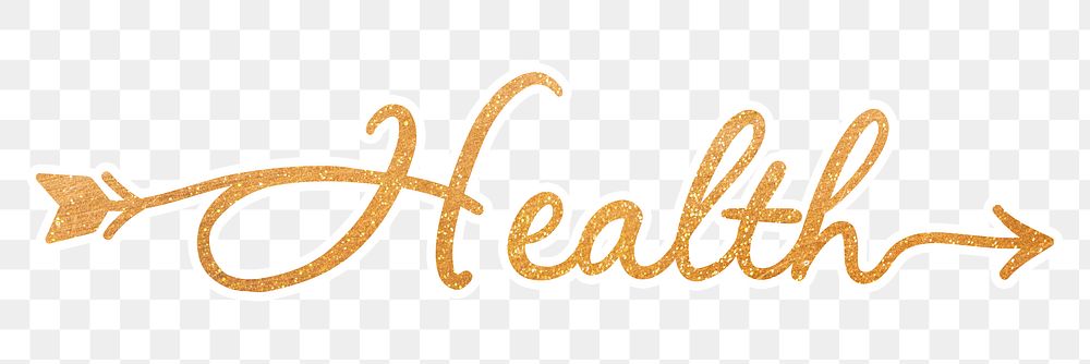 PNG health word, gold glittery calligraphy, digital sticker with white outline in transparent background