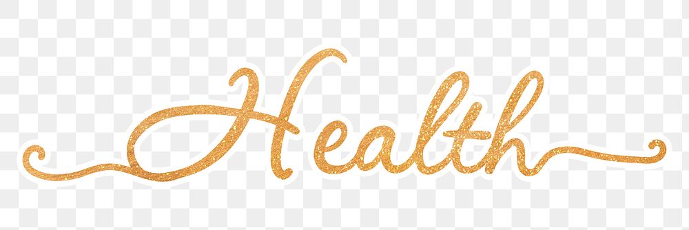 PNG health word, gold glittery calligraphy, digital sticker with white outline in transparent background