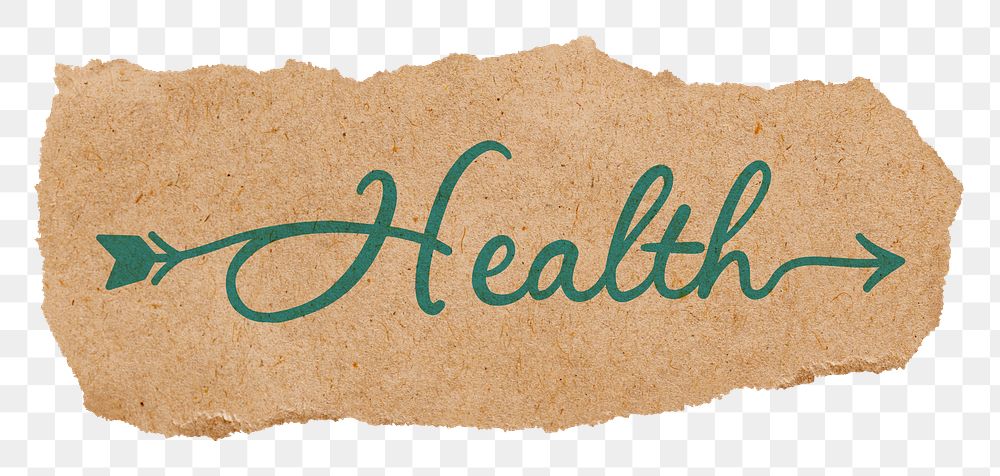 Health sticker png, ripped paper, blue calligraphy text in transparent background