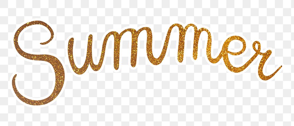 Summer png word, gold glittery calligraphy, digital sticker with white outline in transparent background