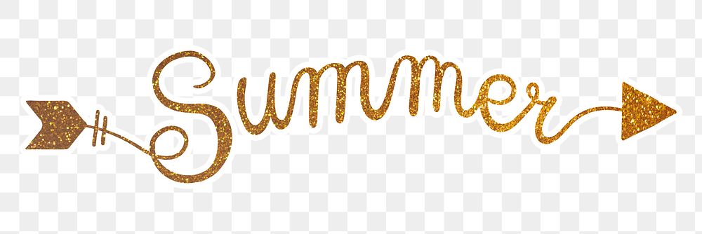 Summer png word, gold glittery calligraphy, digital sticker with white outline in transparent background