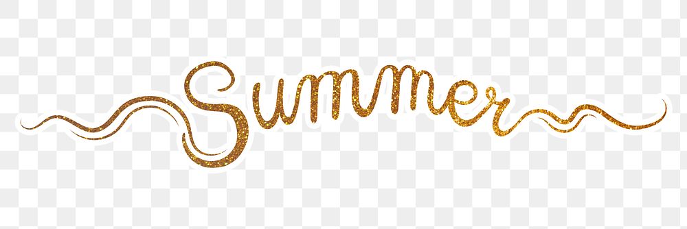 PNG summer word, gold glittery calligraphy, digital sticker with white outline in transparent background