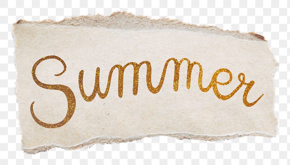 Summer png word, ripped paper, gold glittery calligraphy on transparent background