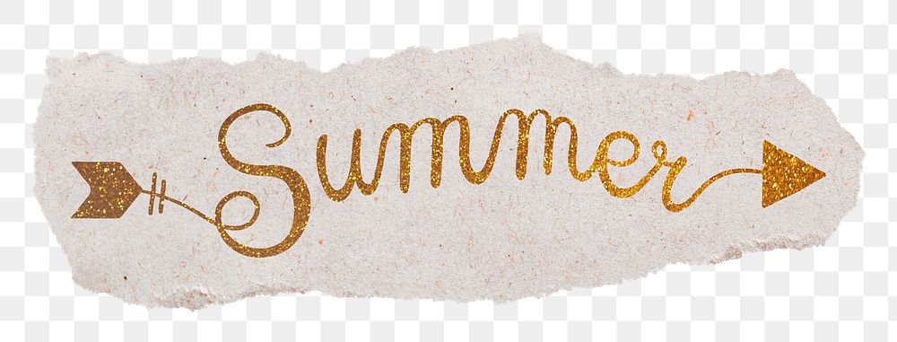 Summer png word, ripped paper, gold glittery calligraphy on transparent background