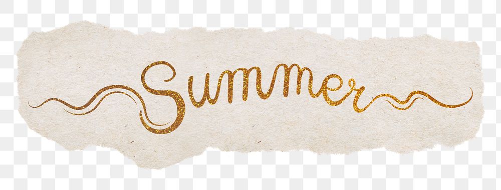 Summer png word, gold glittery calligraphy on ripped paper, transparent background