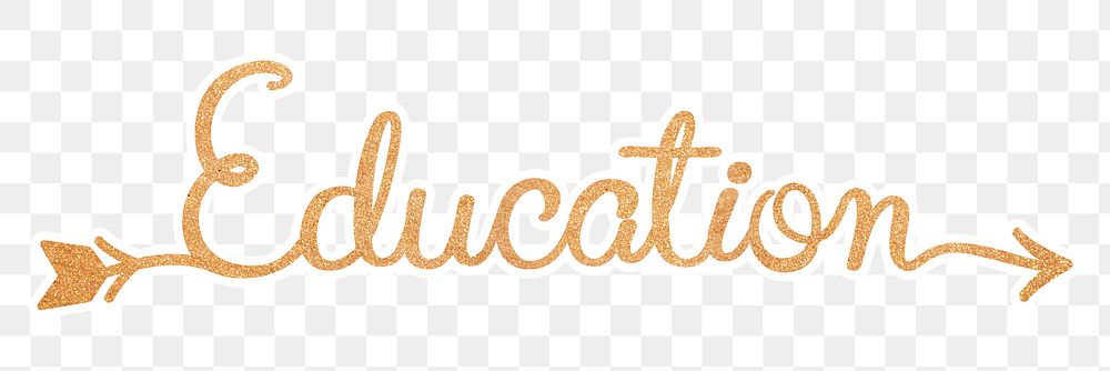 PNG education word, gold glittery calligraphy, digital sticker with white outline in transparent background