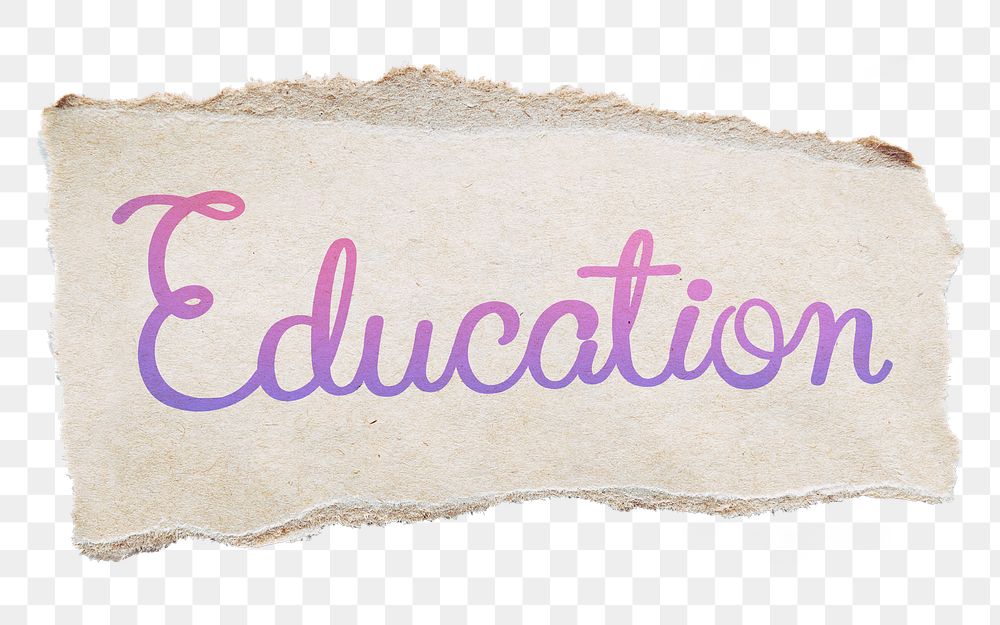 Education png word, ripped paper, aesthetic pink calligraphy text in transparent background