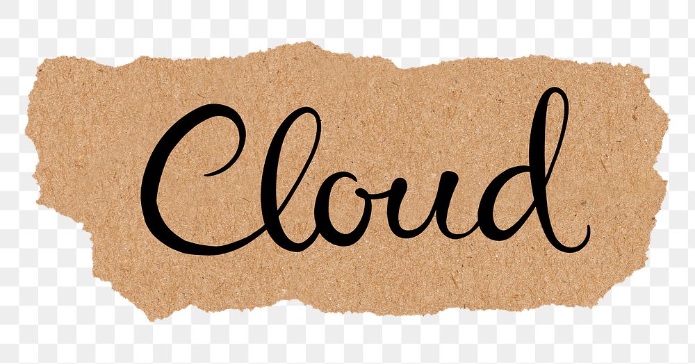 PNG cloud word, black calligraphy on torn paper, transparent background
