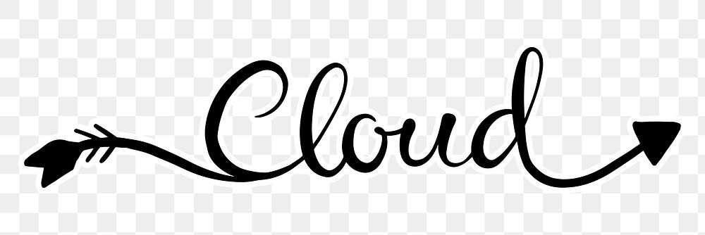 PNG cloud, minimal black calligraphy, digital sticker with white outline in transparent background
