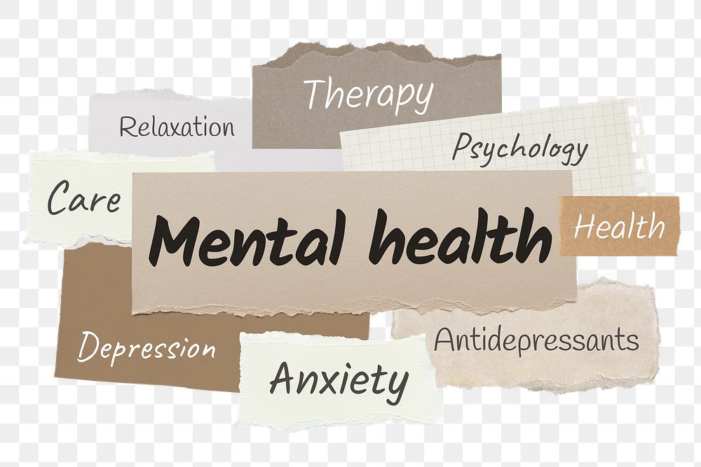 Mental health png word sticker typography, ripped paper, transparent background