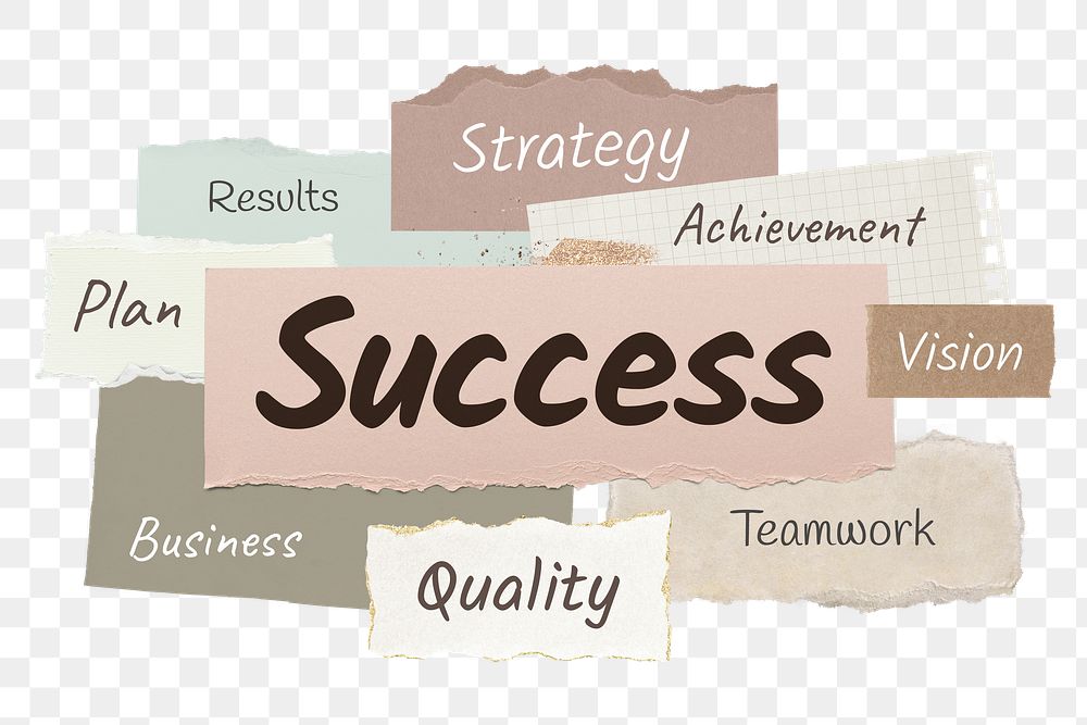Success png word sticker typography, ripped paper, transparent background