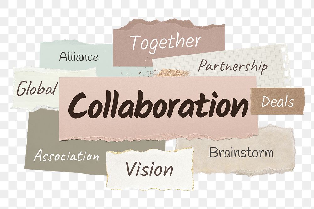 Collaboration png word sticker typography, ripped paper, transparent background