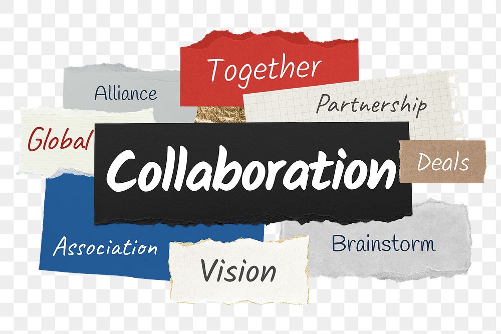 Collaboration png word sticker typography, ripped paper, transparent background