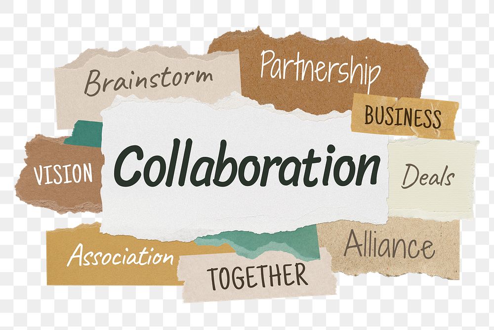 Collaboration png word sticker typography, torn paper, transparent background