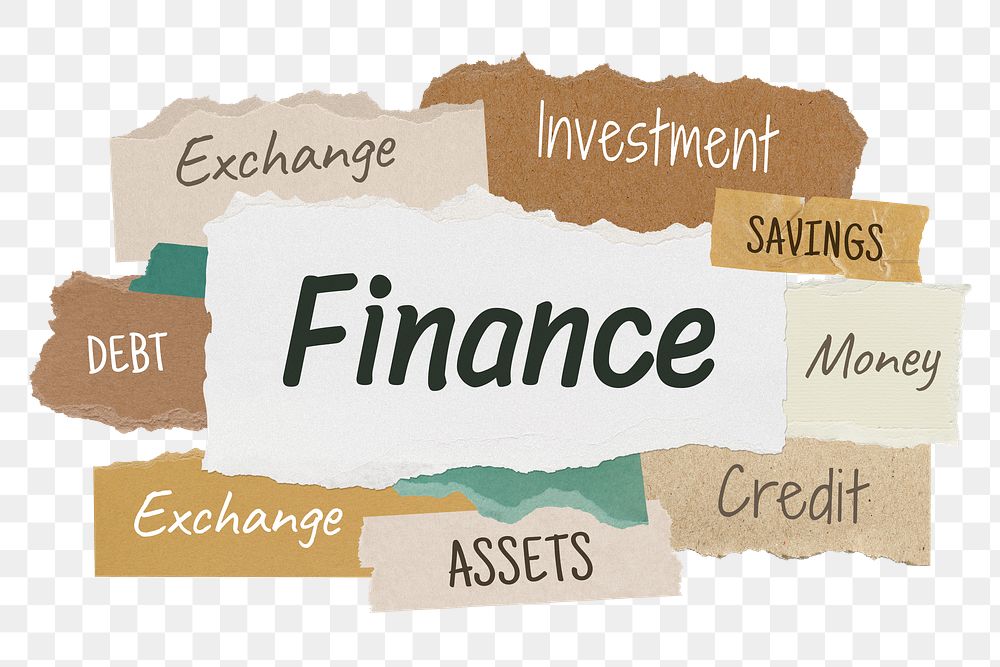 Finance png word sticker typography, torn paper, transparent background