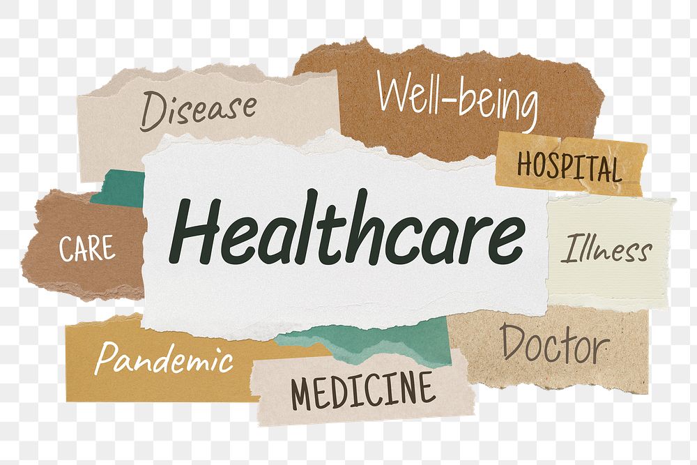 Healthcare png word sticker typography, torn paper, transparent background