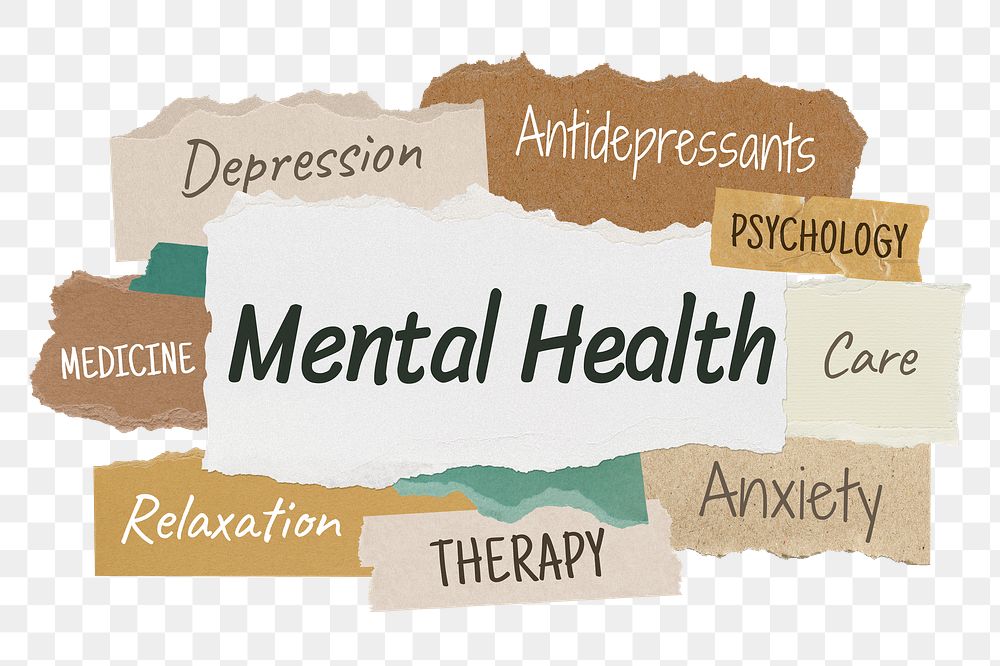 Mental health png word sticker typography, torn paper, transparent background