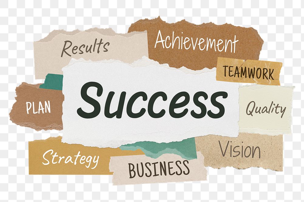 Success png word sticker typography, torn paper, transparent background