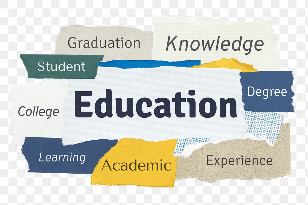 Education png word sticker typography, torn paper, transparent background